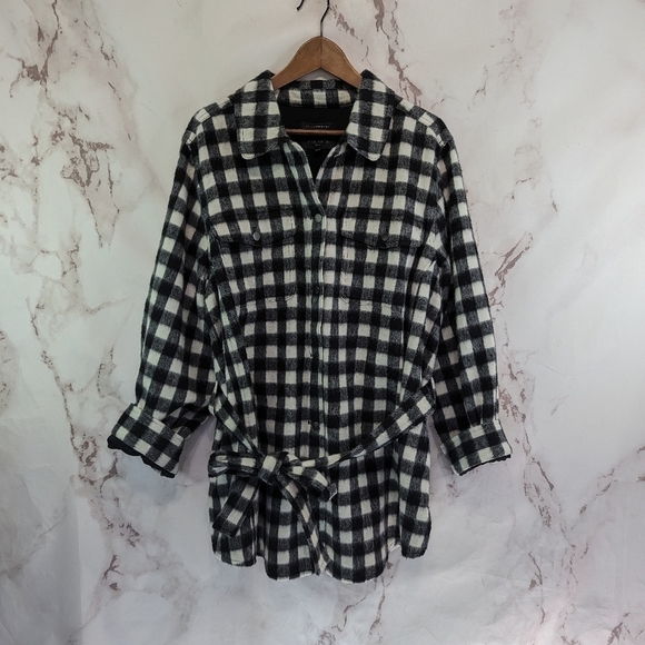 TALBOTS Shirt Jacket Womens 2X Wool Black White Plaid Button Up Sash Buffalo - Picture 12 of 12